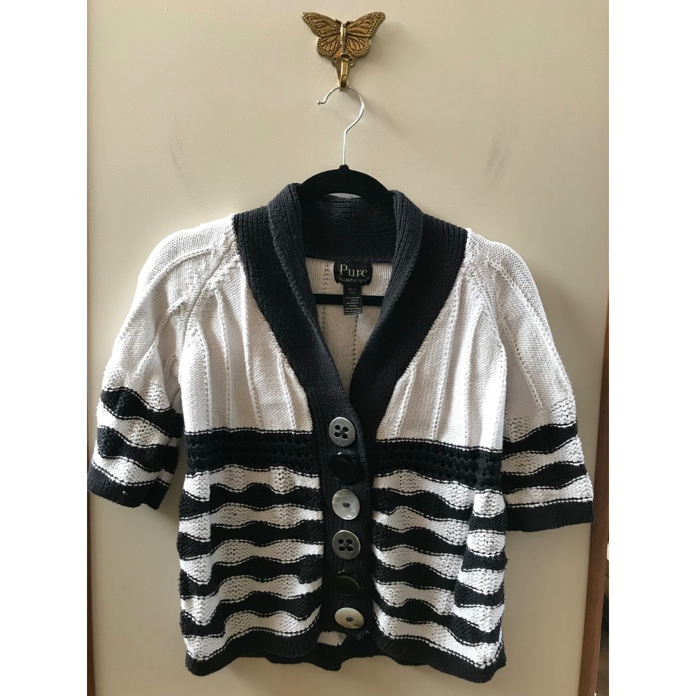 Pure Handknit Cardigan Womens XS Black Whitewashing Short Sleeve Mixed Button